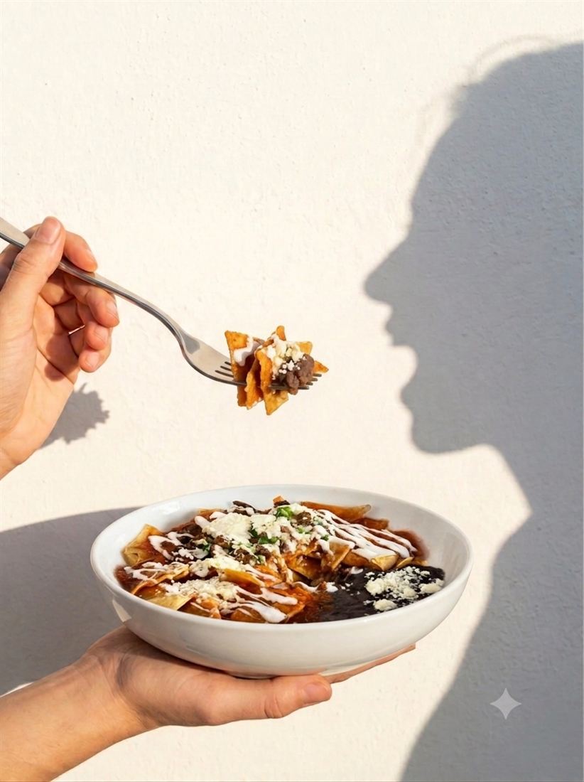 Persona disfrutando chilaquiles en casa