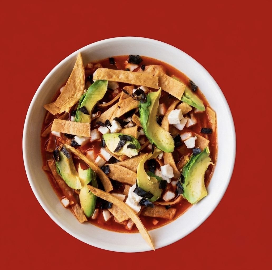Sopa de tortilla con aguacate y queso